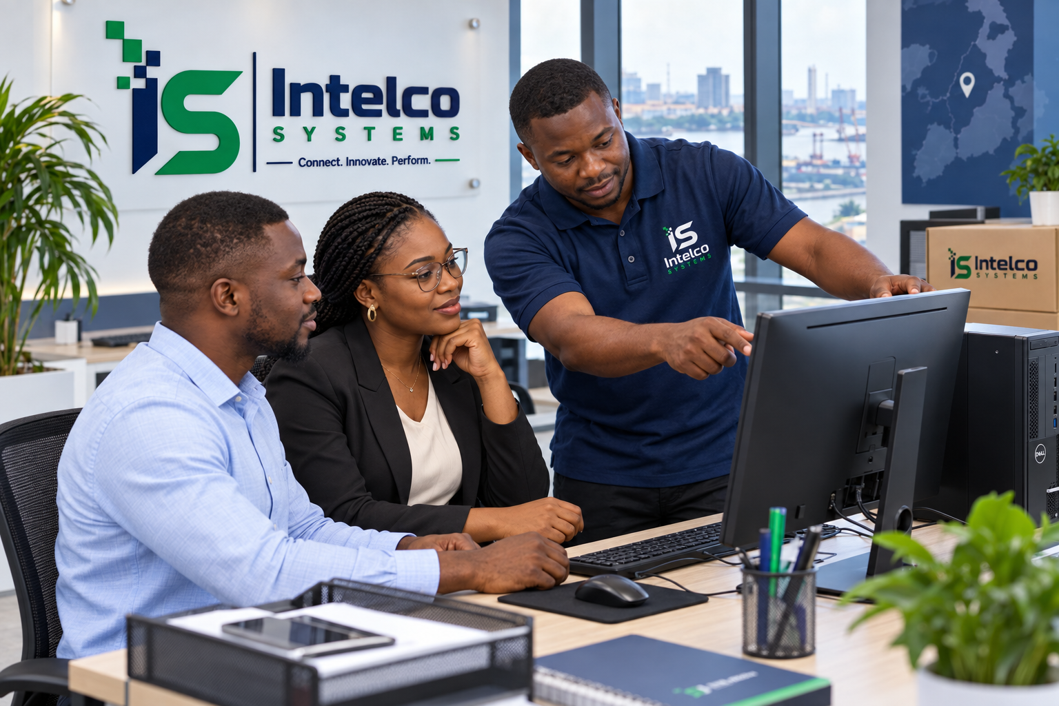 Un technicien installe un ordinateur et forme les utilisateurs